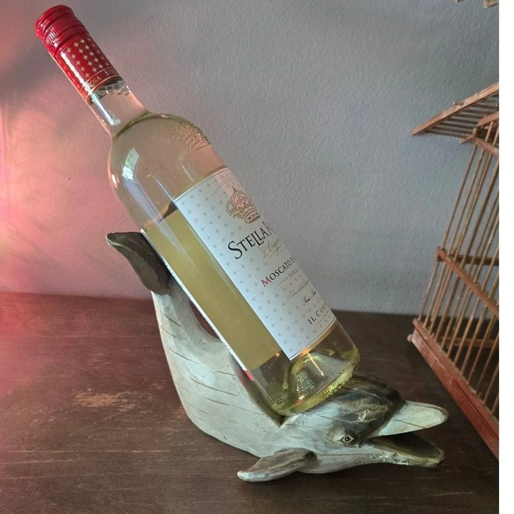 HandCarved Wooden Dolphin Wine Bottle Holder Coastal Nautical Beach Decor 13.5in